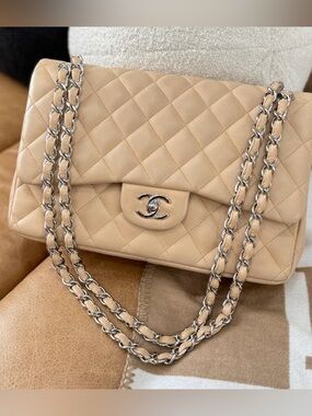 CHANEL Lambskin Quilted Double Flap  Shoulder Bag in Beige with Silver Hardware